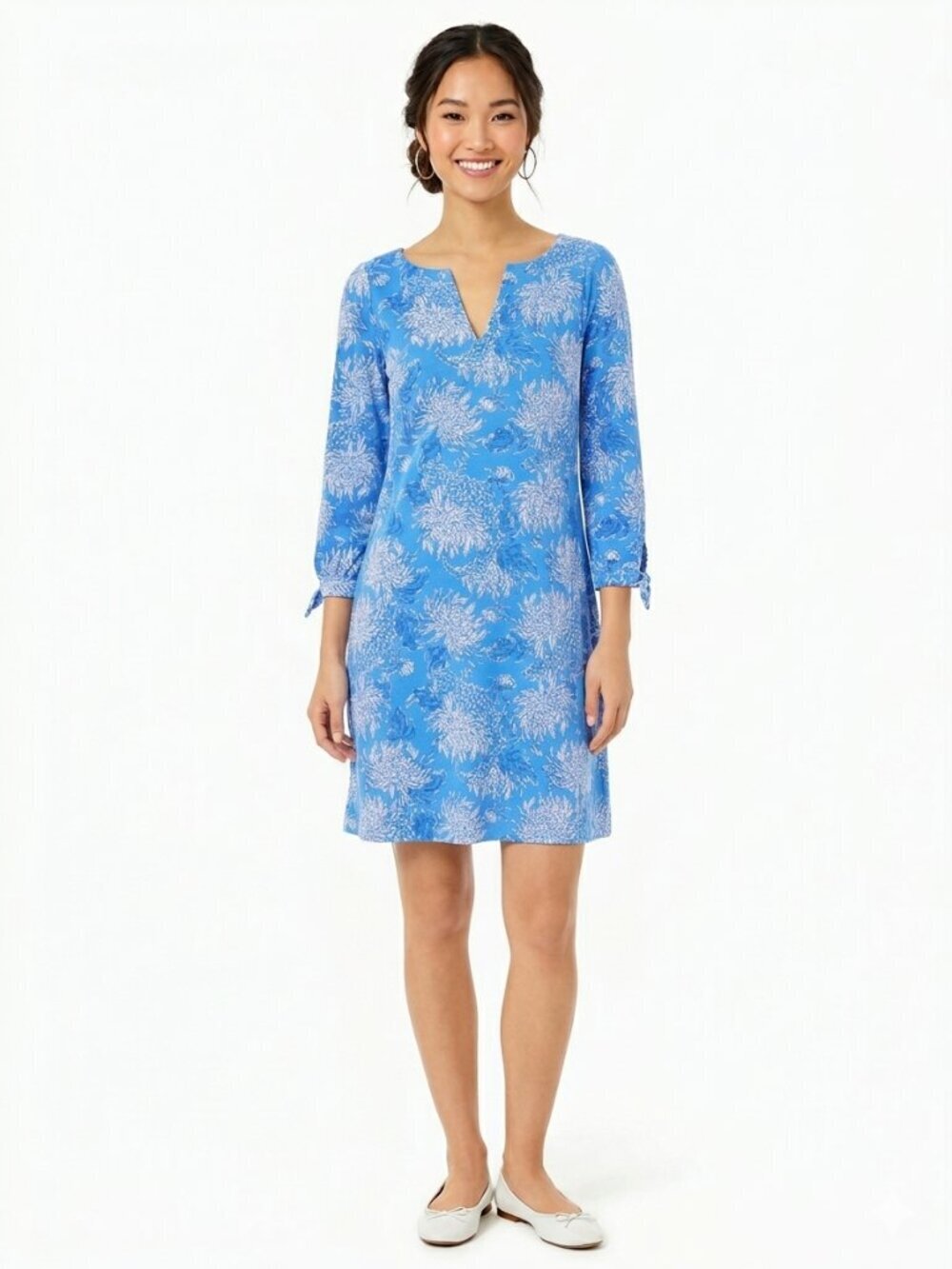 Lilly Pulitzer Cath Dress Small Blue White Floral 3/4 Sleeve Tie Cuff Cotton